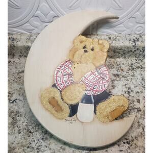 Vintage Teddy Bear Moon Hand Painted Wood Nursery Wall Hanging Karen Fay